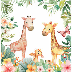 Naklejka premium Safari Animals heds Floral Tropical Flower Girl Nursery Wall Art Watercolor
