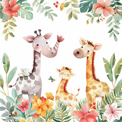 Safari Animals heds Floral Tropical Flower Girl Nursery Wall Art Watercolor