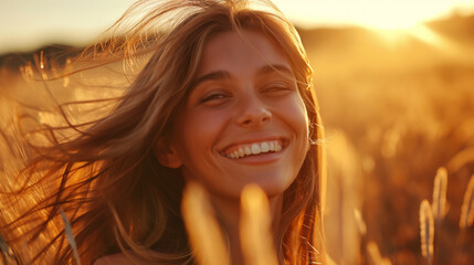 A radiant portrait of a young woman smiling brightly, her hair tousled by the wind, set against a golden sunset backdrop.
