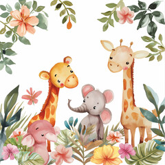 Naklejka premium Safari Animals heds Floral Tropical Flower Girl Nursery Wall Art Watercolor