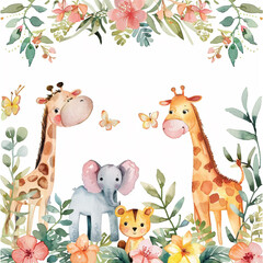 Naklejka premium Safari Animals heds Floral Tropical Flower Girl Nursery Wall Art Watercolor