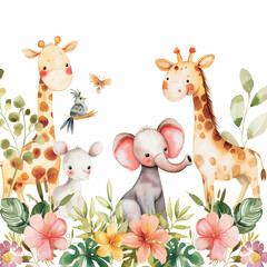 Naklejka premium Safari Animals heds Floral Tropical Flower Girl Nursery Wall Art Watercolor