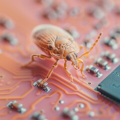 Minimalist image of a real bug standing on a CPU chip, symbolizing a computer bug, isolated on a soft pastel pink background