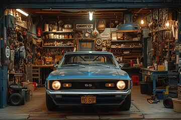 A mechanic working under the hood of a classic muscle car, surrounded by tools and spare parts in a well-worn garage