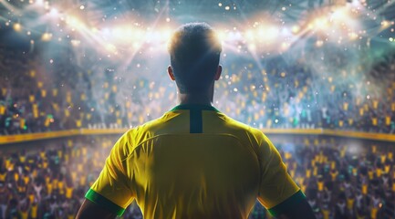 Football, un homme de dos regardant le stade, portant un maillot jaune et vert. - obrazy, fototapety, plakaty