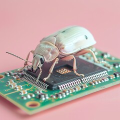 a real white bug standing on a CPU chip, symbolizing a computer bug, isolated on a soft pastel pink background