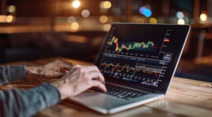 Une personne utilisant un ordinateur portable pour interagir avec des donn&eacute;es financi&egrave;res &agrave; l'&eacute;cran.