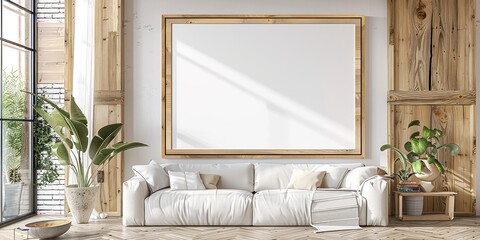 Fototapeta premium Salon minimaliste avec canapé et cadre vierge sur le mur, sol en bois, couleur blanche, lumière naturelle provenant de la fenêtre, plante dans le coin, décoration d'intérieur élégante.