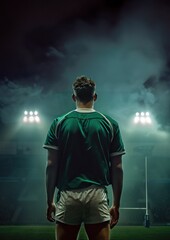 Rugby, un homme de dos regardant le stade, portant un maillot vert, image avec espace pour texte.