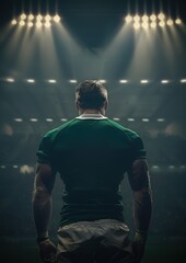 Rugby, un homme de dos regardant le stade, portant un maillot vert.