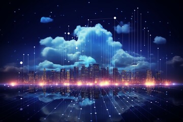 Obraz premium City lights reflecting off a body of water with a starry night sky and cloudscape above.