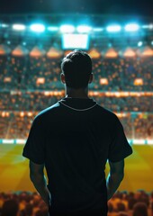 Football, un homme de dos regardant le stade, portant un maillot noir.