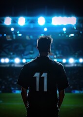 Rugby, un homme de dos regardant le stade, portant un maillot noir.