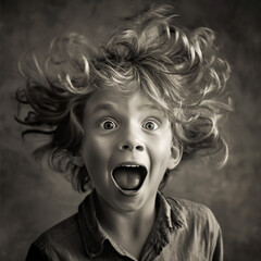 A black and white portrait of a young boy with wildly tousled hair, wide eyes, and an open mouth, capturing a moment of sheer excitement or surprise.
