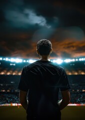 Football, un homme de dos regardant le stade, portant un maillot vert, image avec espace pour texte.