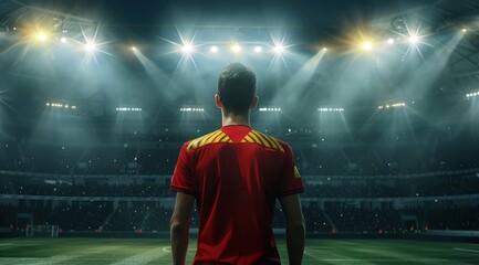 Football, un homme de dos regardant le stade, portant un maillot rouge. - obrazy, fototapety, plakaty