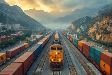 A modern freight train passing through an industrial landscape, with towering stacks of shipping containers in a vast, bustling port - obrazy, fototapety, plakaty