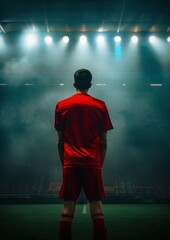 Football, un homme de dos regardant le stade, portant un maillot rouge.