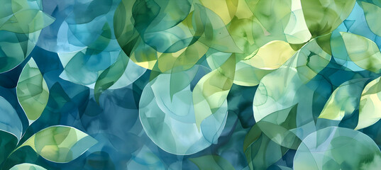 Soft, overlapping circles in a watercolor palette of blues and greens, creating a fluid and harmonious composition, with an HD camera clarity