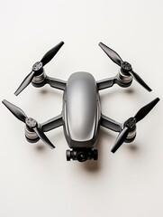 The image shows a gray and black drone with four propellers.