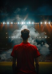 Football, un homme de dos regardant le stade, portant un maillot rouge, image avec espace pour texte.