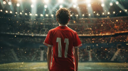 Football, un homme de dos regardant le stade, portant un maillot rouge. - obrazy, fototapety, plakaty