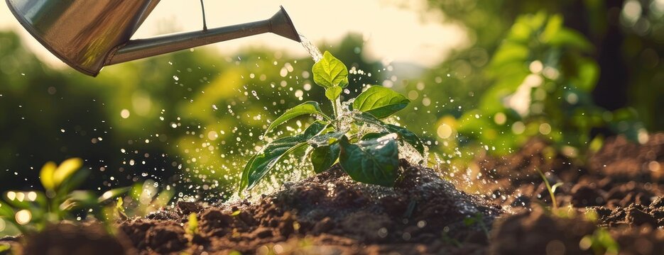 Une jeune plante est arros&eacute;e avec un arrosoir lors d'une journ&eacute;e ensoleill&eacute;e dans un jardin.