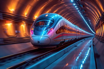 A modern high-speed train racing through a tunnel, the walls illuminated by a continuous strip of...