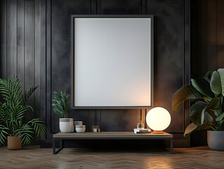 Scandinavian cozy Lounge family in the evening with furniture, green plants, lamp, green sofa,black walls, chandelier with interior mockup with one white photo frame in the background