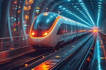 A modern high-speed train slicing through a futuristic cityscape, its sleek, silver exterior reflecting the vibrant neon lights of the metropolis