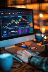 Stock trading investor, financial advisor or analyst working analysing crypto exchange market charts using computer investing money in finances market analyzing data on screen, hands closeup.