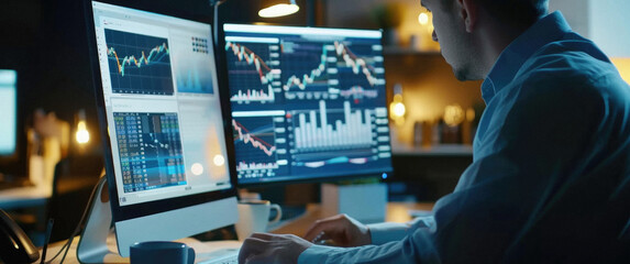 Stock trading investor, financial advisor or analyst working analysing crypto exchange market charts using computer investing money in finances market analyzing data on screen, over shoulder.