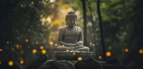 Buddha statue in nature. Peace, wisdom, silence, sunset. Buddha Purnima, festival, celebration, Buddhism, eastern philosophy.