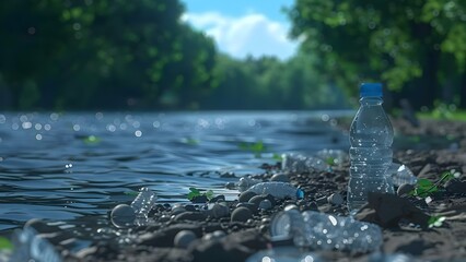 Plastic bottles and waste contribute to water pollution a common environmental issue . Concept Water Pollution, Plastic Waste, Environmental Issues, Recycling, Conservation - obrazy, fototapety, plakaty