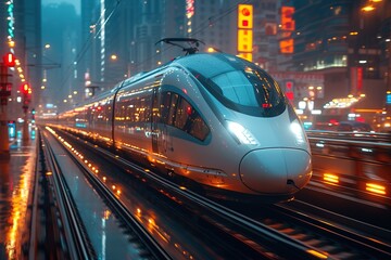 A modern high-speed train slicing through a futuristic cityscape, its sleek, silver exterior reflecting the vibrant neon lights of the metropolis