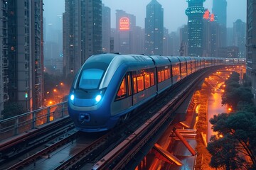 Naklejka premium A modern high-speed train slicing through a futuristic cityscape, its sleek, silver exterior reflecting the vibrant neon lights of the metropolis