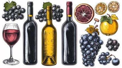 A drawing of a wine bottle, grapes and other fruit, AI