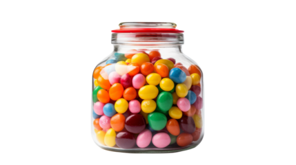 A glass jar overflowing with an assortment of colorful candies of various shapes and sizes