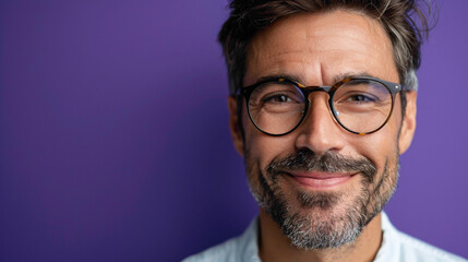 A Business male isolated on purple background, feeling energetic and confident, smiling happily, looking at camera through eyeglasses, enjoying his work, ready to help