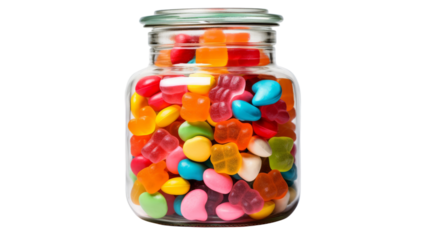 A glass jar overflows with colorful gummy bears of all sizes, creating a vibrant and delightful display