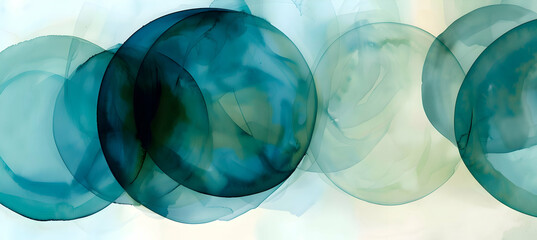 Soft, overlapping circles in a watercolor palette of blues and greens, creating a fluid and harmonious composition, with an HD camera clarity