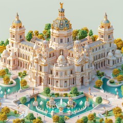 Generate an isometric pixel art image of a large, ornate palace. The palace should be surrounded by trees and have a fountain in front of it.