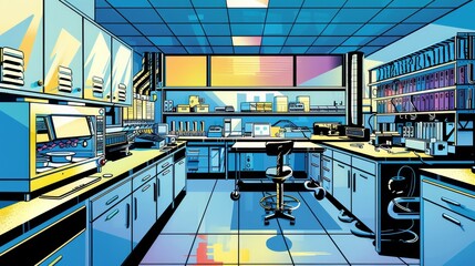 Pop art of Silicon Valley quantum computing labs, in a high contrast, comic style with dramatic, saturated colors
