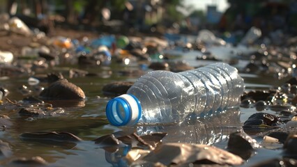 The Role of Plastic Bottles and Waste in Water Pollution: A Common Environmental Issue. Concept Water Pollution, Plastic Bottles, Waste Management, Environmental Issues, Sustainable Solutions