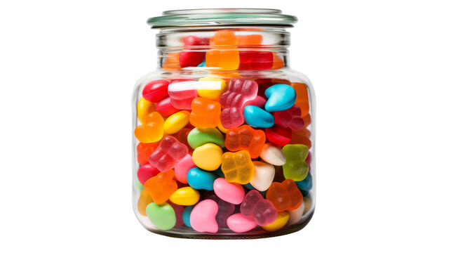 A glass jar overflows with colorful gummy bears of all sizes, creating a vibrant and delightful display