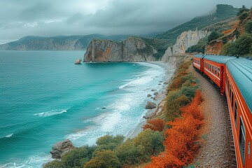 A passenger train making its way along a rugged coastal route, offering breathtaking views of crashing waves and towering cliffs