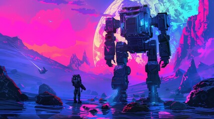 Vector art of mech warfare in an alien landscape, featuring geometric patterns and a vibrant, retrofuturism theme