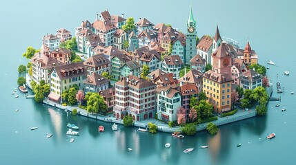 A beautiful lakeside European city with a clock tower and colorful buildings. The city is surrounded by a lake and there are trees and boats on the lake. - obrazy, fototapety, plakaty