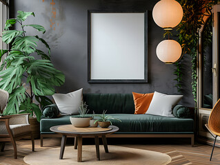 Scandinavian cozy Lounge family in the evening with furniture, green plants, two chandelier, green sofa,black walls, chandelier with interior mockup with one white photo frame in the background