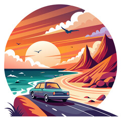 vibrant vector illustration capturing the silhouette of a sleek car cruising along a winding road against a backdrop of a fiery sunset sky